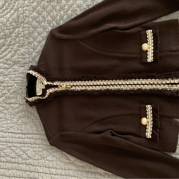 St. John Collection Brown Blazer with Cream Trim and Zipper Closure - Picture 3 of 7